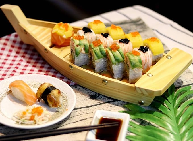 Kichgather 14.5“ Wooden Sushi Serving Tray Boat Plate for Restaurant or Home
