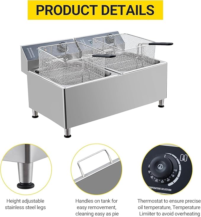 Dual 11L/3.3Gal Commercial Deep Fryer 3400W,120V |Twin Adjustable 6L Baskets with 201 Stainless Steel, Oil Filtration & Splash Guard for High-Volume Restaurant, Food Truck, Catering Service