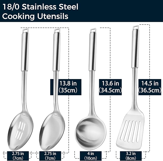 18/0 Stainless Steel Kitchen Cooking Utensil Set, Ergonomic Handle, Dishwasher Safe, Slotted Spoon, Ladle, Turner, Serving Spoon for Housewarming Daily Use Commercial, Pack of 4