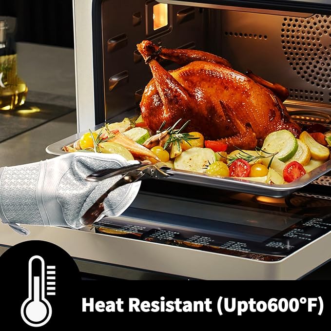 Hovico Silicone Oven Mitts, Heat Resistant 500F Kitchen Mitts 2PCS, 11.6" BPA-Free Soft Baking Gloves, Non-Slip Grip Oven Gloves with Soft Cotton Lining for Kitchen Cooking Baking BBQ - Gray