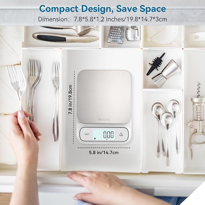 BOMATA Waterproof IPX6 Kitchen Scale, 0.1 g/0.01 oz High Precision, 5 kg/11 lbs, Digital Scale with Backlight, Stainless Steel Weighing Platform, for Food, Cooking, Baking, Weight Loss.. B619, White