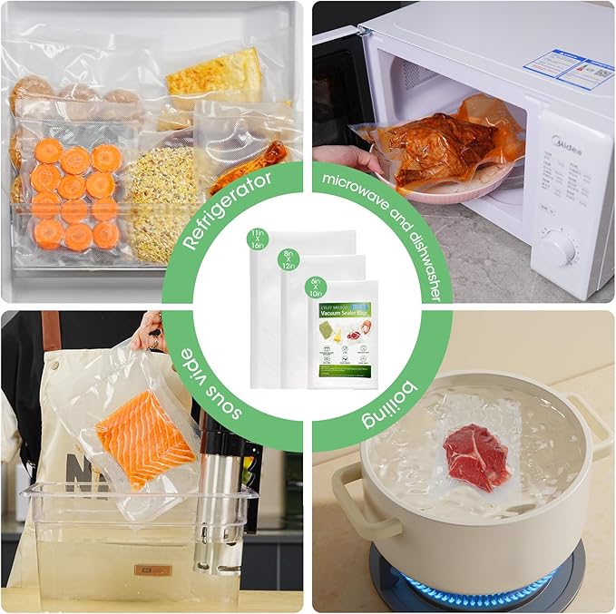 L'ELEF MISTICO Precut Vacuum Sealer Bags for Food, 50 Gallon 11" x 16" & 50 Quart 8" x 12" & 50 Pint 6" x 10" BPA Free Food Saver, Vacuum Storage for Sous Vide and Freezer