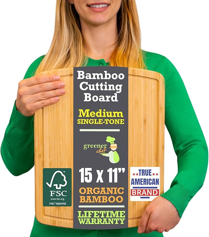 GREENER CHEF 15 Inch Bamboo Cutting Board with Lifetime Replacements - Medium Wooden Chopping Board for Kitchen, Butcher Block, Meat, Vegetables, Charcuterie and Cheese Board