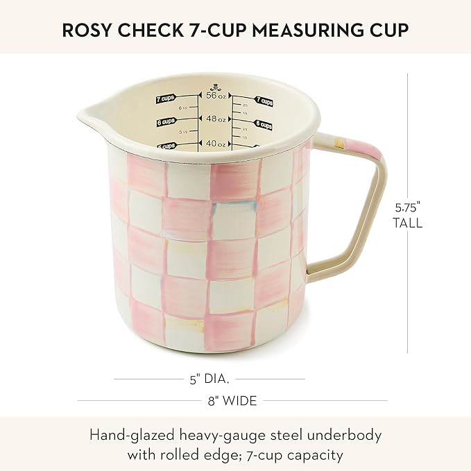 MACKENZIE-CHILDS Enamel Measuring Cup, Cute Measuring Cup with Pour Spout, 7-Cup Capacity, Pink-and-White Rosy Check