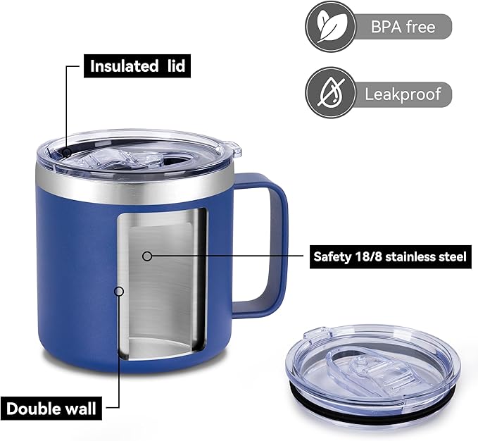 VEGOND 14 oz Insulated Stainless Steel Travel Coffee Mug with Handle, Double Wall Vacuum Coffee Cup, Navy Blue