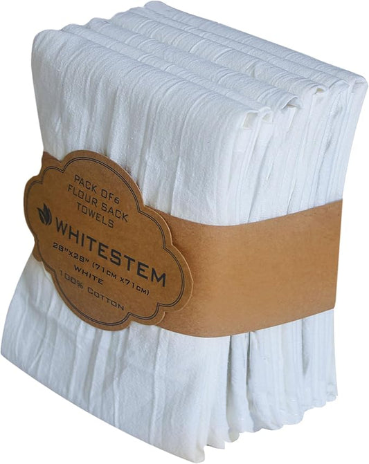 Flour Sack Towels | Tea Towel for Crafts| Kitchen | Dish | Cotton Blank Towel for Embroidery| Baking Bread Proofing Linen Cover| Thick Absorbent Quick Dry | 6 Pack 28"x28" White