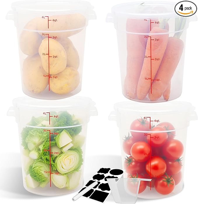 4 Pack 4QT Round Food Storage Containers with Lids, BPA-Free Polypropylene NSF Commercial Food Container, with Labels & Measuring Cup