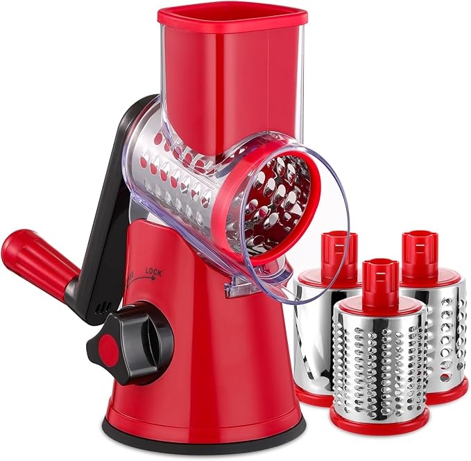 Rotary Cheese Grater with Handle - 3 in 1 Cheese Shredder Rotary Grater Stainless Steel Handheld, Vegetable Slicer for Fruit, Cheese, Nuts(Red)