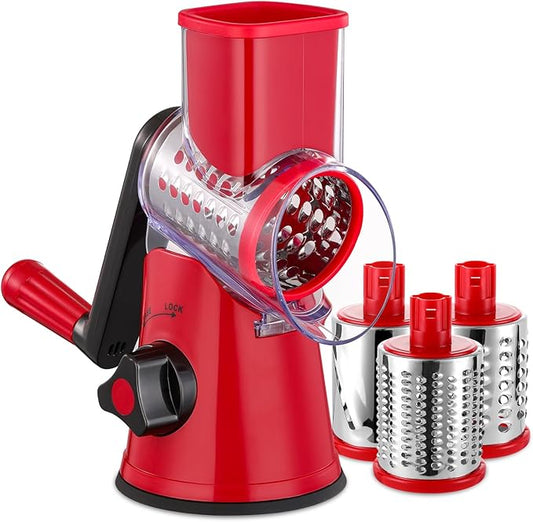 Rotary Cheese Grater with Handle - 3 in 1 Cheese Shredder Rotary Grater Stainless Steel Handheld, Vegetable Slicer for Fruit, Cheese, Nuts(Red)