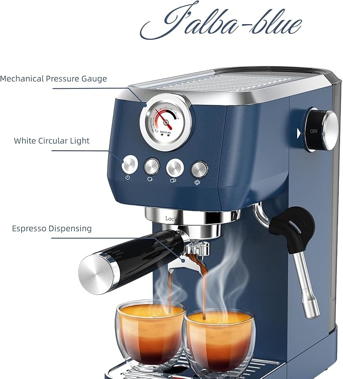 Espresso Machine 20 Bar, Espresso Coffee Maker with Professional Milk Frother Steam Wand for Cappuccino & Latte, 49oz Removable Water Tank for Home, Blue