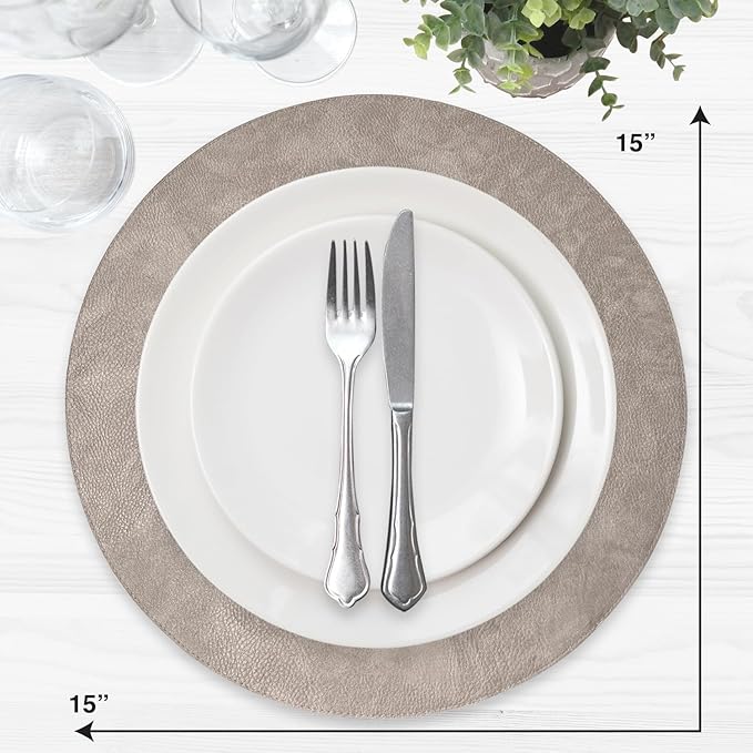 Morgan Faux Leather Round Set of 12 Placemats, 15", Grey, Heat Resistant, Stain Resistant, Non-Slip, Reversible, Durable Table Mats for Kitchen, Dining Table, Indoor Washable Use
