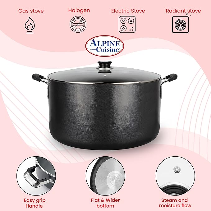 Alpine Cuisine 35 Quart Non-stick Stock Pot with Tempered Glass Lid and Carrying Handles, Multi-Purpose Cookware Aluminum Dutch Oven for Braising, Boiling, Stewing