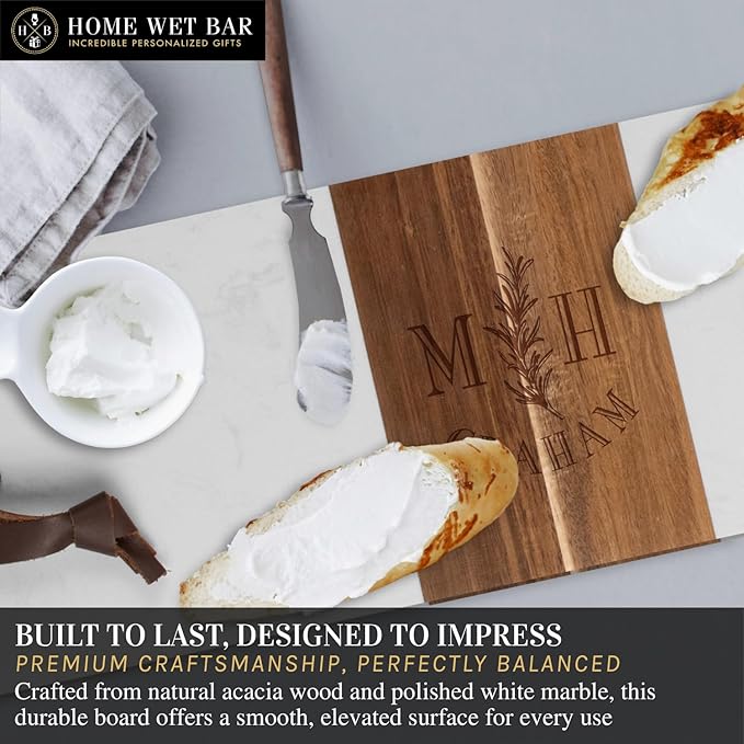 HomeWetBar Personalized Acacia Charcuterie Board | Custom 15" x 7" White Marble & Acacia Wood Cheese Board | Perfect Housewarming + Wedding + Couples Gift Idea