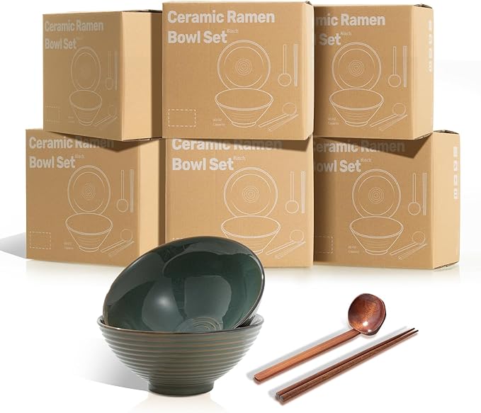8 Inch Ceramic Ramen Bowl Set of 2, 40oz Japanese Bowls with Spoons & Chopsticks,Durable,Microwave & Dishwasher Safe,Perfect for Ramen,Pho,Salad,Soup,Noodles，Mixing bowls（Dark Teal）