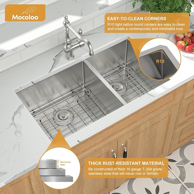 Mocoloo 33 Inch Undermount Kitchen Sink Double Bowl - 60/40 Stainless Steel Double Bowl Under Counter 16 Gauge Kitchen Sinks Handmade, 33x19x10 Inch