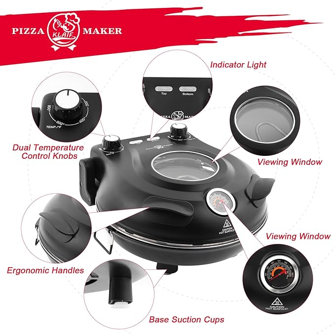 KLAIF 12" Electric Countertop Pizza Oven With Ceramic Stone, Dual Adjustable Temperature Control, Includes 4 Pizza Tools, LMC-Black