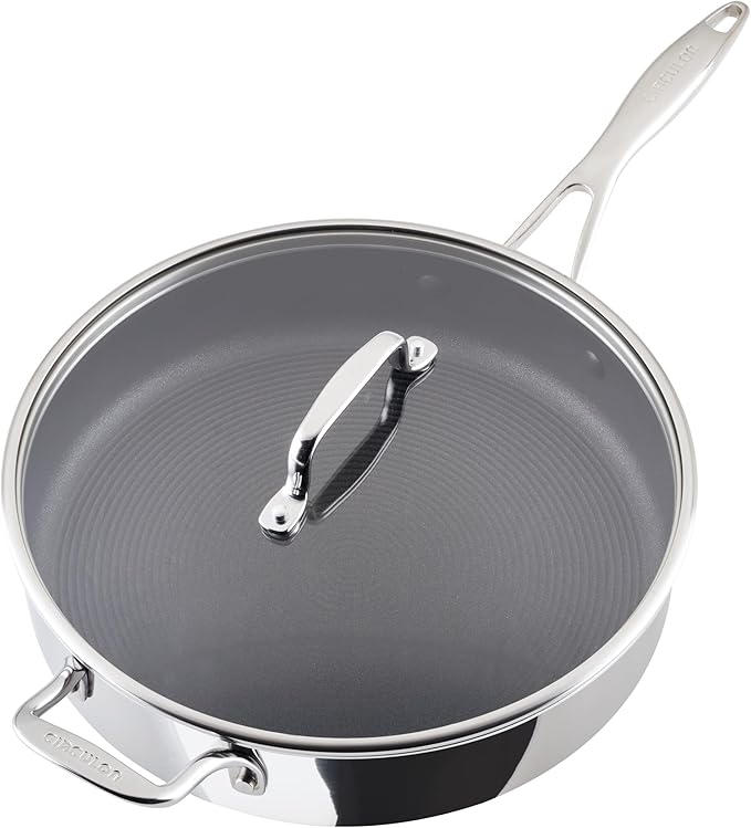 Circulon C1 Series Clad Stainless Steel with ScratchDefense Technology Cookware Nonstick Induction Saute Pan with Lid and Helper Handle, Metal Utensil Safe, 5 Quart - Polished Stainless Steel