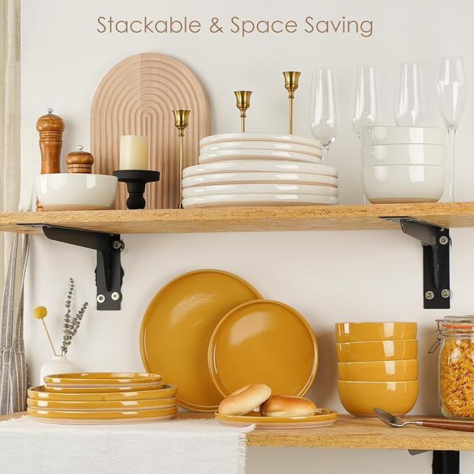 24 Pieces Farmhouse Stoneware Dinnerware Set for 8, Speckled Ceramic Plates and Bowls Set, Matte Terracotta Underside Ceramic Dish Set Scratch Resistant Microwave Dishwasher Safe (Ginger Gold)