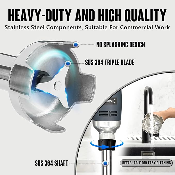 VONCI 500W Commercial Immersion Blender, 12" SUS 304 Removable Shaft, Heavy Duty Power Hand Mixer with Variable Speed 6000-20000RPM, Professional Electric Stick Blender for Restaurant Kitchen Use.