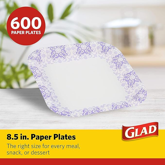 Glad Square Disposable Paper Plates, Purple Victorian Pattern - Strong, Sturdy, Soak Proof, and Microwavable Decorative Plates for Dinner and Everyday Use, 8.5 Inch, 50 Count - 12 Pack