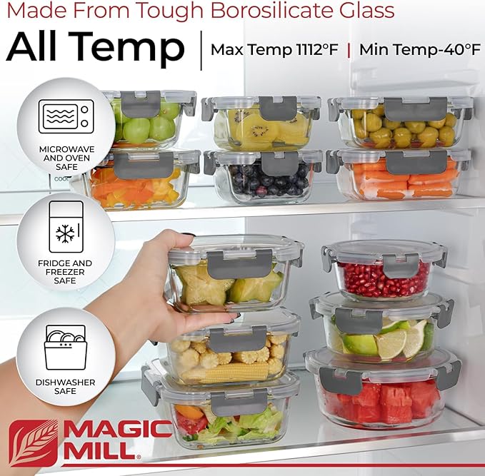 Magic Mill Premium Borosilicate Glass Food Storage Containers with lids Set | 24pc Sets with 12 Bowls & 12 Airtight Locking Lids for Lunch & Meal Prep, Safe for Oven, Freezer, Dishwasher, BPA-Free