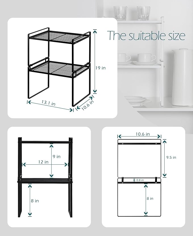 2Pack Kitchen Cabinet Shelf Counter Organizer Rack Pantry Storage Bathroom Bedroom Office Table Desk Space Saving Stackable Rust Resistant Non Slip Black Tall Wide L13.1in W10.6in H9.5in