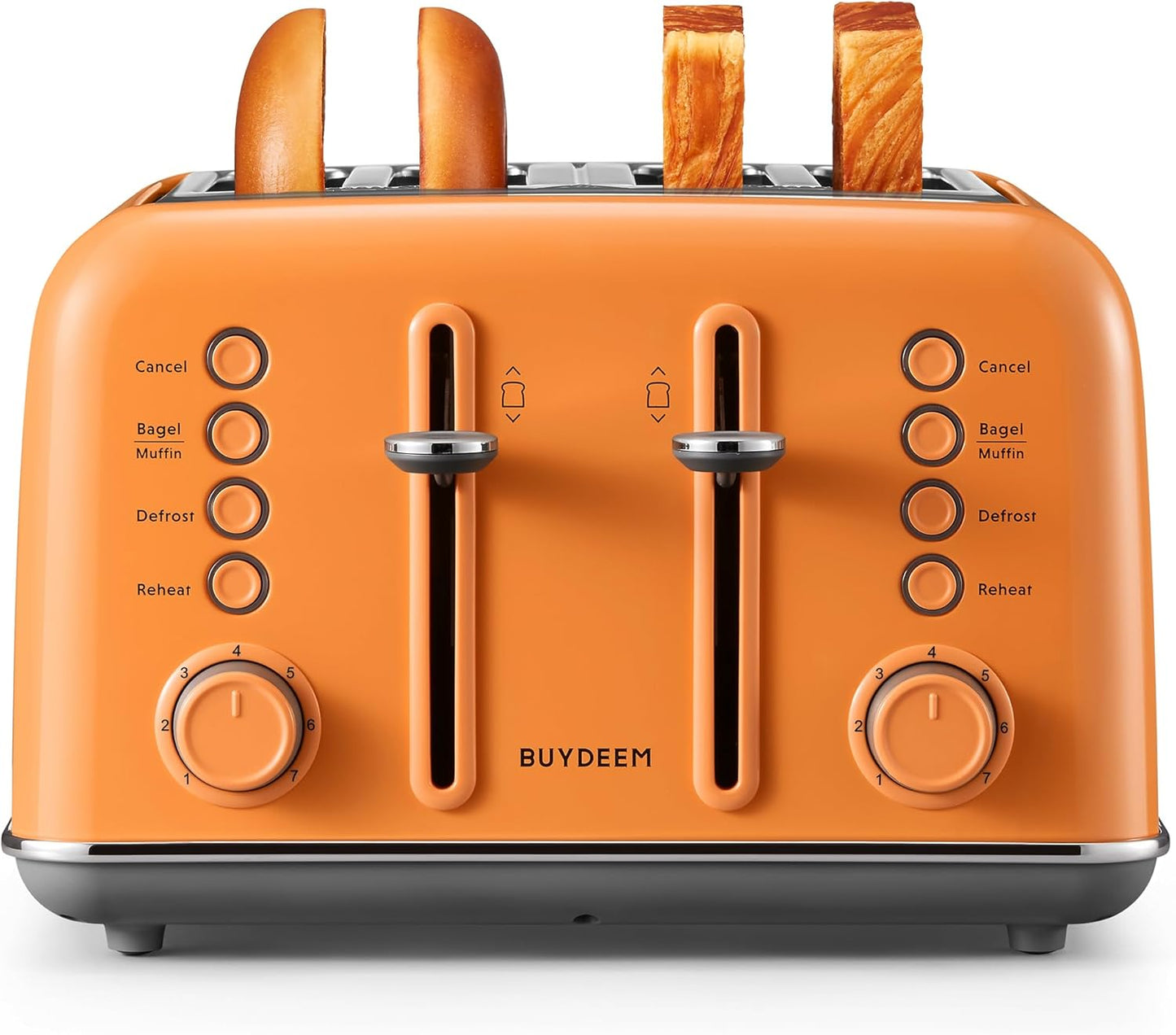 BUYDEEM DT640 4-Slice Toaster, Extra Wide Slots, Retro Stainless Steel with High Lift Lever, Bagel and Muffin Function, Removal Crumb Tray, 7-Shade Settings,Orange