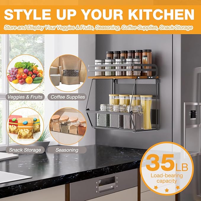 Magnetic Shelf for Fridge with Wood Lid, Extra-Large Capacity Magnetic Spice Rack for Refrigerator Kitchen Storage Bin for Fruit, Onion, Potatoes, Storage Organizer for Counter & Cabinet, Mesh Basket