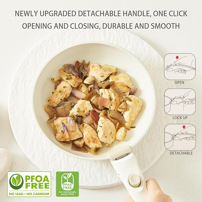 Hausfrau pink pots and pans set removable handle non stick, detachable handle ceramic cookware set kitchen cooking oven dishwasher safe, NO PFAS NO PTFE