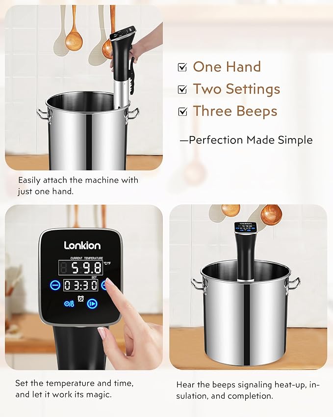 Sous Vide, Lonkion Sous Vide Cooker Machine, Temperature Control, 1100W IPX7 Immersion Circulator, Fast Heating, Home Kitchen Use, Easy to Store
