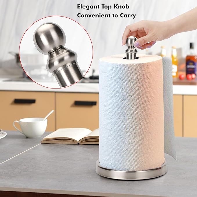 Paper Towel Holder Countertop, Standing Paper Towel Roll Holder for Kitchen Bathroom, with Weighted Base for One-Handed Operation (Brushed Nickel)