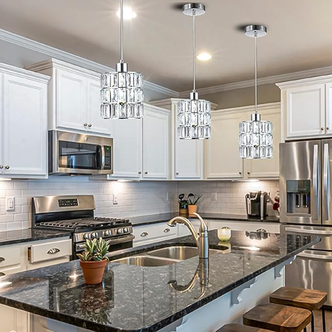 3 Pack Chrome Crystal Pendant Light, Mini Pendant Lights for Kitchen Island with Crystal Plate Metal Shade, Modern Concise Pendant Silver Fixture for Foyer Hallway, Dining Room
