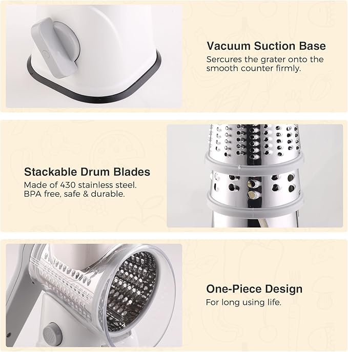 Rotary Cheese Grater Hand Crank, Kitchen Mandolin Vegetable Cheese Shredder with 3 Interchangeable Blades,Easy Clean Rotary Grater with Handle,Kitchen Grater Grinder for Cutting Cheese,Vegetable Nuts