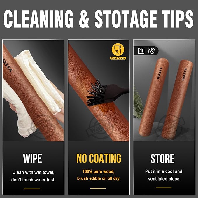 Walfos Mini Rolling Pin Set - Small Natural Wooden Rolling Pins, Baking Dough Roller for Pizza, Pie, Pasta, Bread, Pastry, No Coating (8inch)