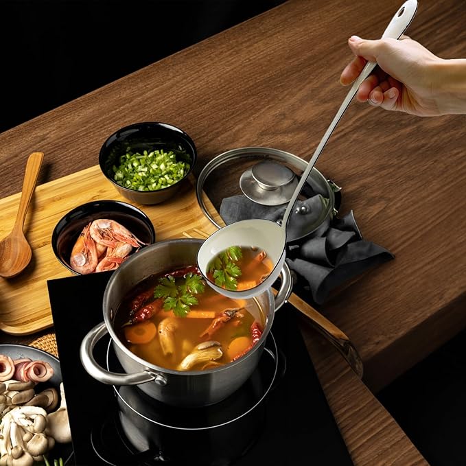 White Soup Ladle Spoons 13.7 Inch Big Serving Cooking Spoons Enamel Steel Stew Gravy Ladles for Serving