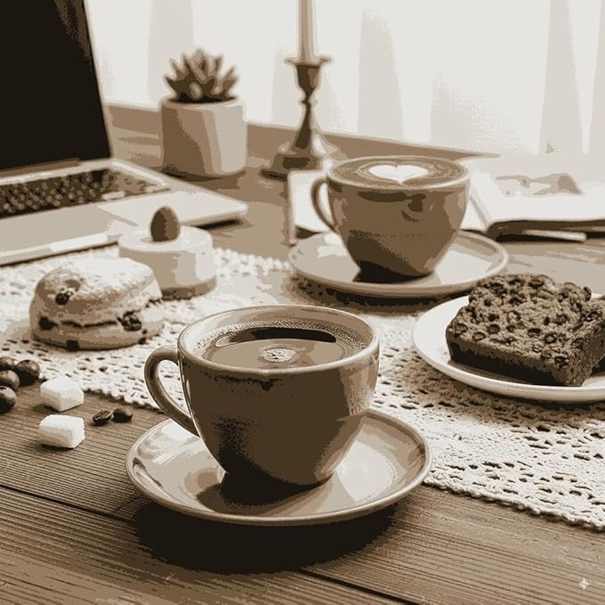 SHUER Ceramic Latte Coffee Cup Set of 4, 7.8 Oz Tea Cup and Saucers Sets,Glaze Americano Cups and Macchiato Coffee Cups,Low Tea Time Mug Set Great for Party (Light Cyan 220ML)