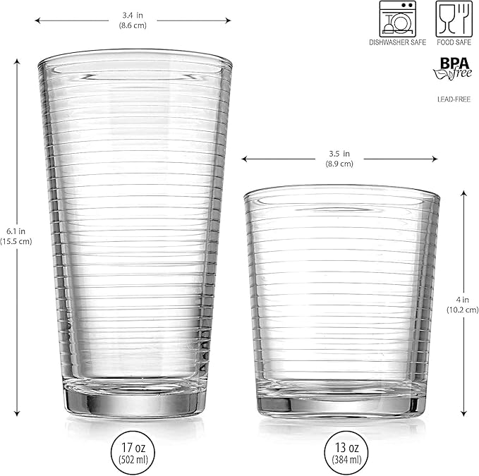 Glaver's Drinking Glasses Set of 12. Everyday Drinking Glasses. Mixed Drinkware Sets 6-17 oz Tall Kitchen Glass Cups, and 6-13 Oz Rocks Glasses. Ribbed Glassware Sets for Cocktail Beer Juice Water.