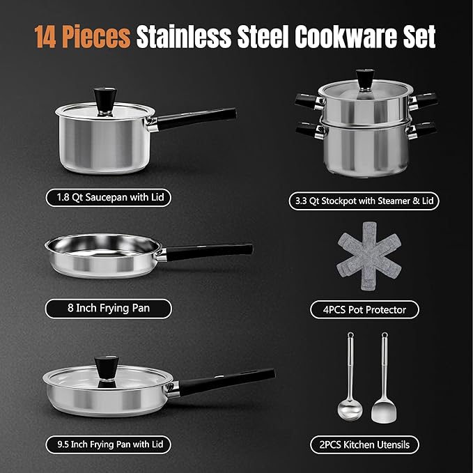 Stainless Steel Cookware Set, 14-Piece Pots and Pans Set, Kitchen Cookware Set with Stay-Cool Handle, Non-Toxic, Dishwasher Safe & Compatible with All Stovetops (Gas, Electric & Induction)