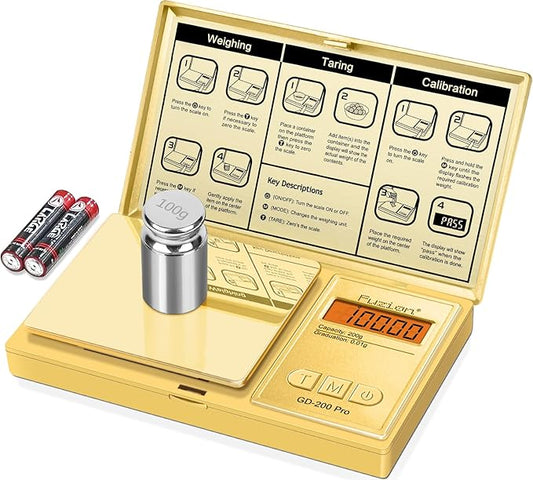 Fuzion Digital Pocket Gram Scale .01 Gram Accuracy, Gold Titanium Plating, 200g Small Digital Scale, Mini Jewelry Scale for Food, Herb, Spice, Coin - Weight Gram and Oz - 100g Calibration Weight