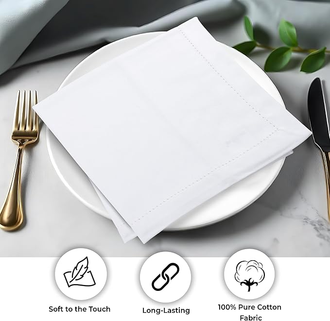 Urban Villa Cloth Napkins White Hemstitch Dinner Napkins Set of 12 (20X20) 100% Cotton Absorbent Washable Durable Reusable Ideal for Hotel Collection Farmhouse Party Thanksgiving Fall Dinner Napkins
