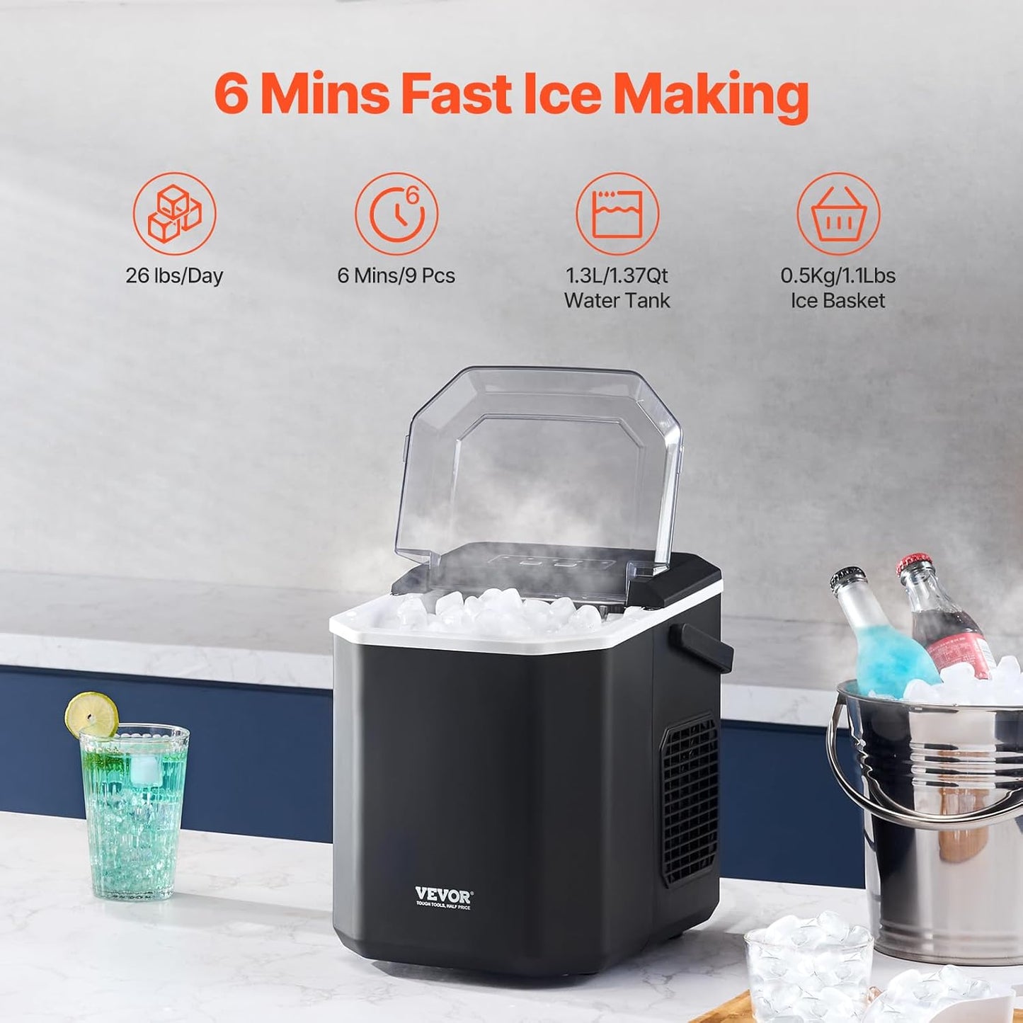 VEVOR Countertop Ice Maker, 9 Cubes Ready in 6 Mins, 26lbs in 24Hrs, Self-Cleaning Portable Ice Maker with Ice Scoop and Basket, Ice Machine with 2 Sizes Bullet Ice for Home Kitchen Office Bar Party