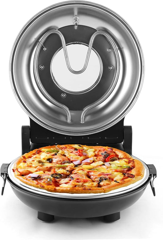 KLAIF 12" Electric Countertop Pizza Oven With Ceramic Stone, Dual Adjustable Temperature Controls, Includes 4 Pizza Tools (Black)