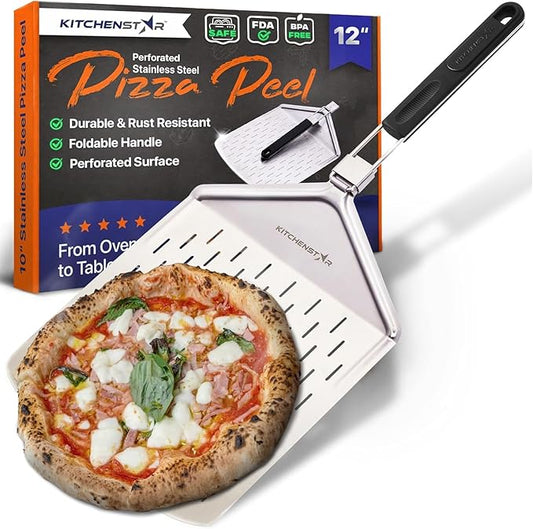 KitchenStar Perforated Pizza Peel 12 inch with 10 inch Folding Handle, Medium - Stainless Steel Spatula Paddle for Effortless Pizza Transfer & Easy Storrage - Outdoor Pizza Oven Accessories
