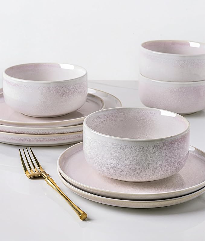TheTerra Ceramic Dinnerware Sets for 4, 12 Pieces Handmade Reactive Glaze Plates and Bowls Set, Scratch Resistant Dish Set, Oven & Microwave & Dishwasher Safe, Primrose Pink