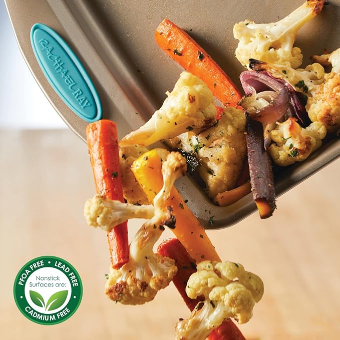 Rachael Ray Cucina Nonstick Bakeware Set with Grips, Nonstick Cookie Sheet / Baking Sheet and Crisper Pan - 2 Piece, Latte Brown with Agave Blue Handle Grips