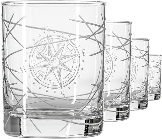 Rolf Glass Compass Star Longitude Double Old Fashioned Glass | 13oz Etched Whiskey Tumblers | Lead-Free Crystal Glasses | Made in the US | Nautical Etched Barware | Gift for Whiskey Lovers | Set of 4