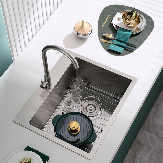 ROVOGO 20x16x9 in. Drop-in Kitchen Sink Single Bowl, 304 Stainless Steel Handmade Modern Sink Top Mount with Bottom Grid and Offset Drain Assembly, 1 Faucet Hole, Brushed