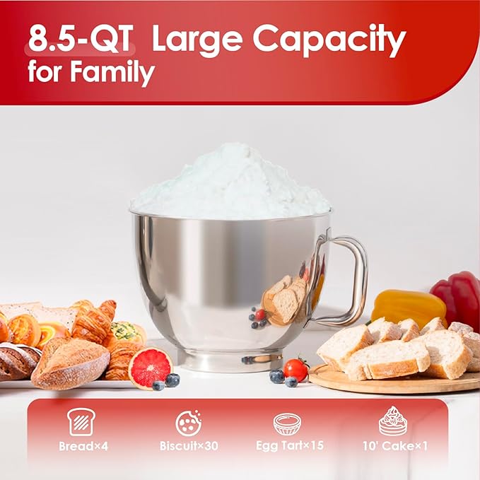 Kitchen in the box Stand Mixer - 8.5 Quart Giant Capacity Mixing Bowl, 900 Watt Powerful Heavy Bread Dough Standing Mixers Tilt-head with Dough Hook, Whisk, Flat Beater and Splash Guard (Red)