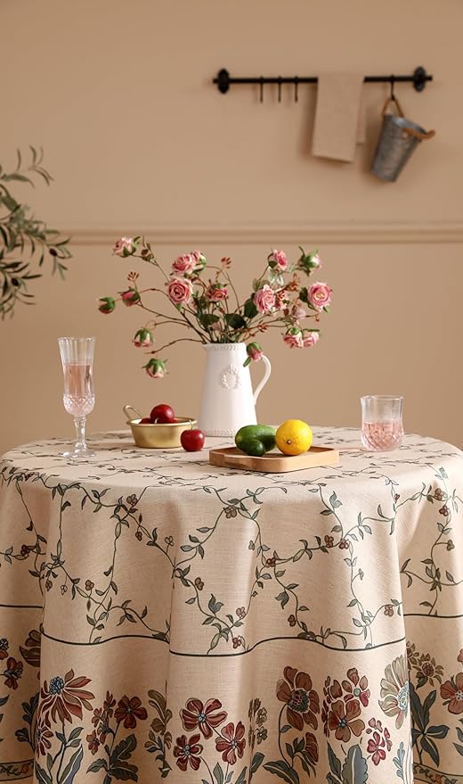 patdrea Designer Floral Linen Table Cloth Durable Breathable Tabletop Cover Dacorative Kitchen Dining Tablecloth for Round Tables for Kitchen Dining Parties,Holiday Christmas,Diameter 55"
