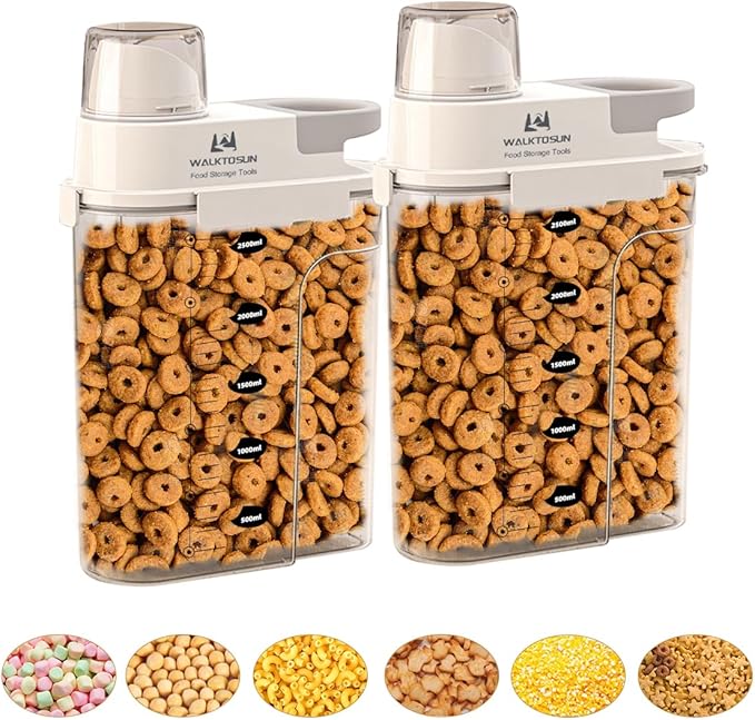 Cereal Containers Storage with Pouring Spout Airtight Kitchen and Pantry Organization Canisters for Dry Food Nuts Flour and Sugar Bin BPA Free Pet Dog Cat Food Dispenser 2500ml (Gray-2pcs)